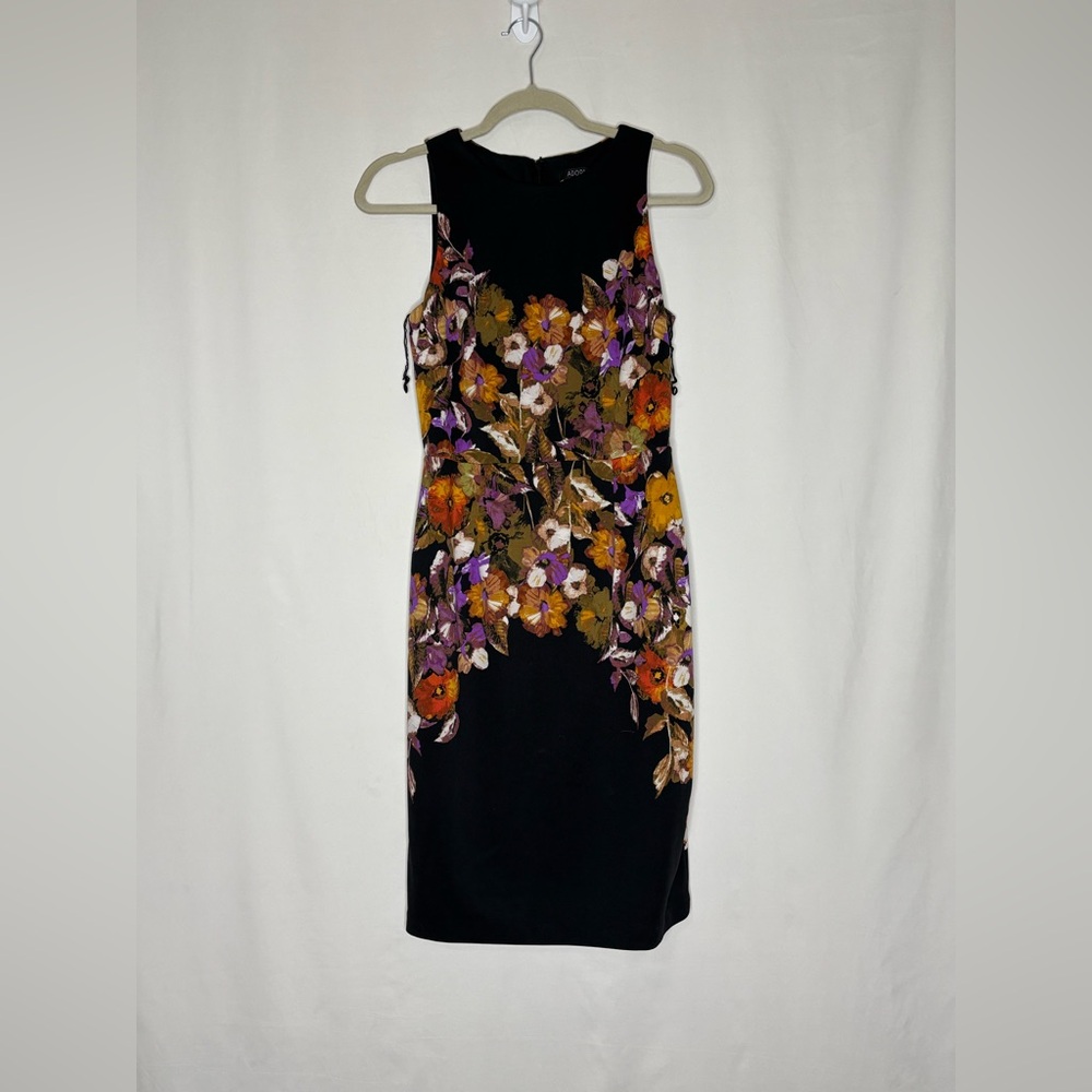 Adorne Elegant Black Midi Dress with Vibrant Floral Accents